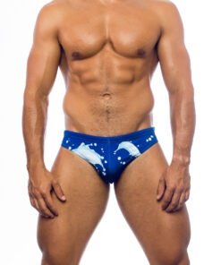 Men's swimwear, briefs style, worn by a man, front view, pattern with a design of two water splashes coming from the sides on a blue background