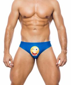 Photo of men's swimsuit, briefs model, front view. Briefs with blue pattern with one big emoticon