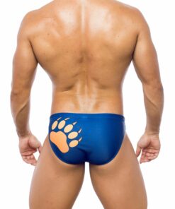 Photo of men's swimsuit, briefs model, rear view. Briefs on a blue background with a brown bear footprint design on the left side.