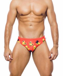 Photo of men's swimsuit, briefs model, front view. Red costume with yellow duck drawings with erotic accessories