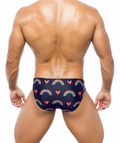 Photo of men's swimsuit, briefs model, rear view. Black swimsuit with rainbows and hearts
