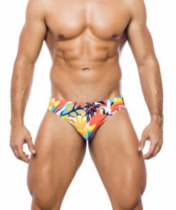 Photo of men's swimsuit, briefs model, front view. Floral patterned costume with parrots and toucans