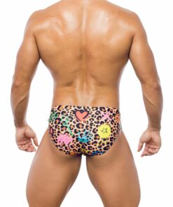 Photo of men's swimsuit, briefs model, rear view. Animal print costume with graffiti designs