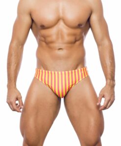 Photo of men's swimsuit, brief model, front view. Briefs with yellow and fuchsia vertical stripes pattern.